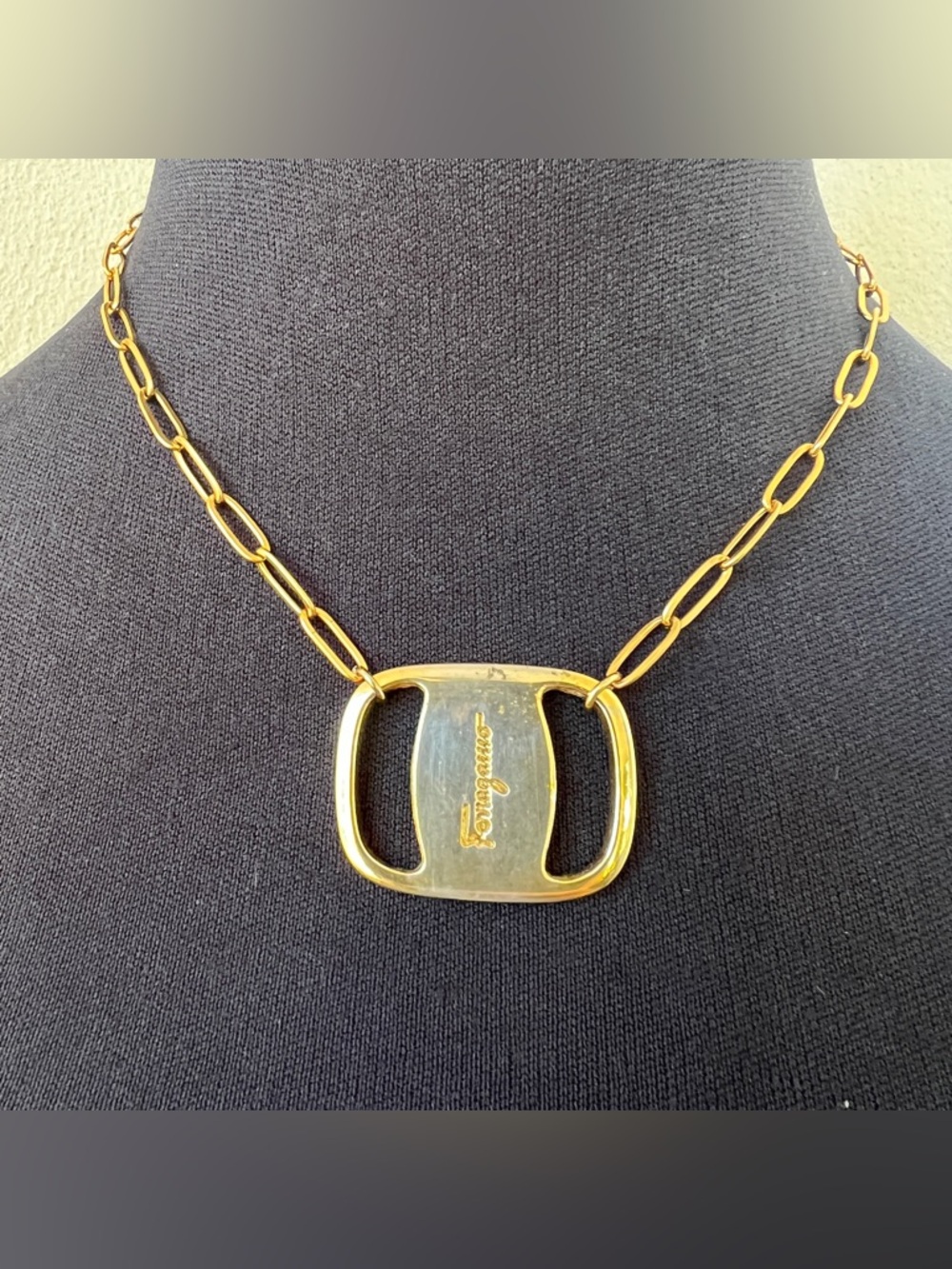 Vintage Salvatore Ferragamo Logo Plate Charm Necklace In Gold